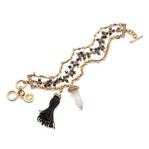 Gray and Gold Layered Tassel Charm Bracelet