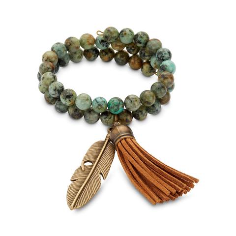 Green and turquoise beaded and fringed bracelet for women