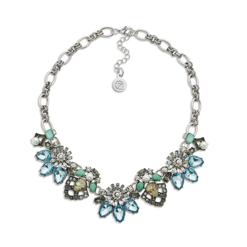 silver crystal floral bib necklace
