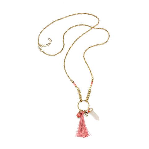 Cheap Gold and Pink Crystal Tassel Necklace | 7 Charming Sisters